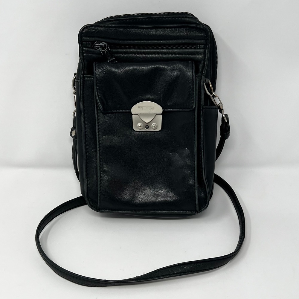 Tumi Black Leather Crossbody Organizer Travel Bag Wallet Purse Unisex